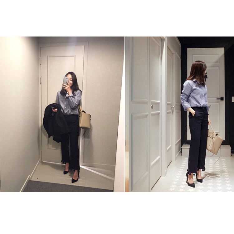 Áo Sơ Mi Dài Tay Cổ Chữ V Sọc Vằn Thời Trang Hàn Quốc Cho Nữ