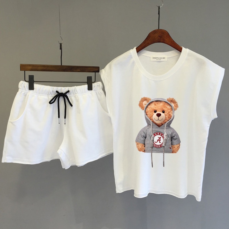 Set Đồ Thể Thao Gồm Áo Cotton Sát Nách Dáng Rộng In Hoạ Tiết Hoạt Hình + Quần Short Phong Cách Hàn Quốc