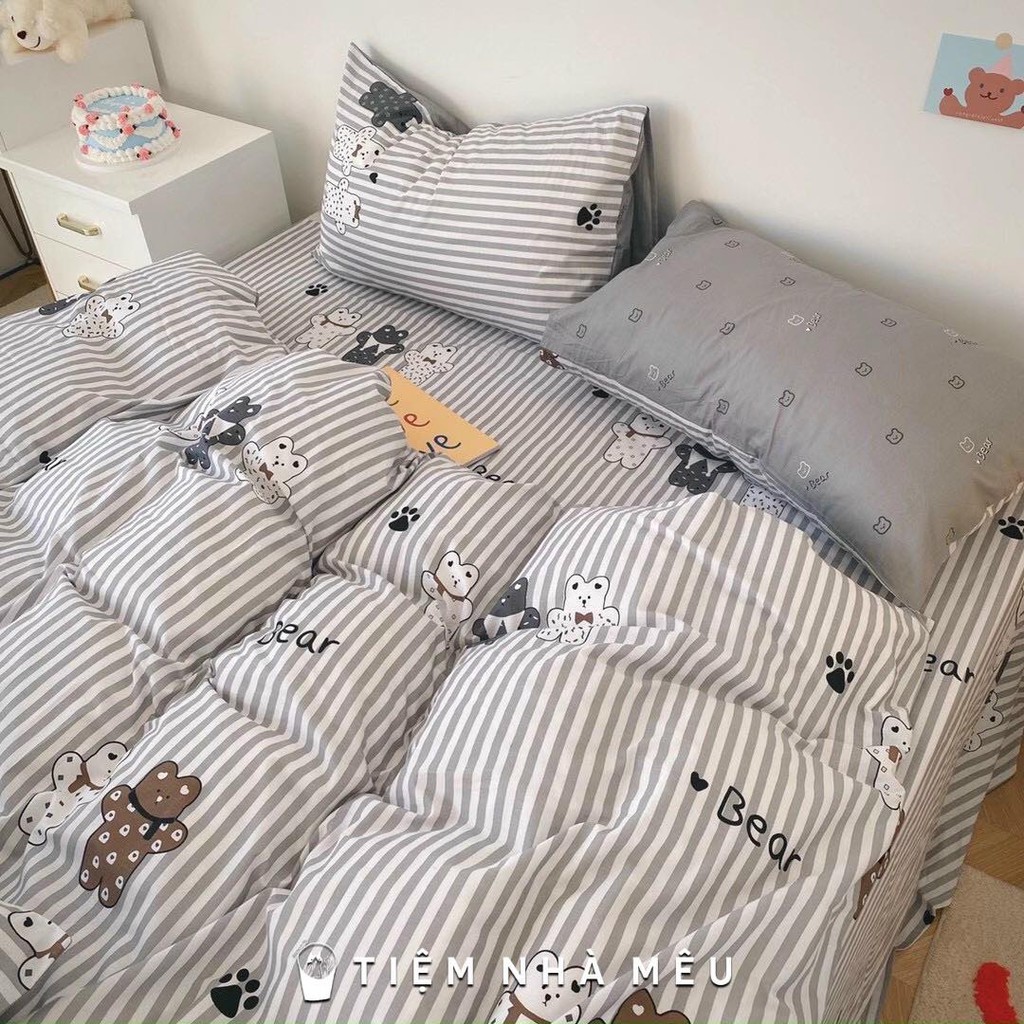 (Tặng kèm túi đựng ) Bộ Chăn Ga Gối Cotton Living✨ m6/m8/2m✨Sét 4 Món Cotton 100% Hàn Quốc  Cô Bé Và Gấu Mềm Mát