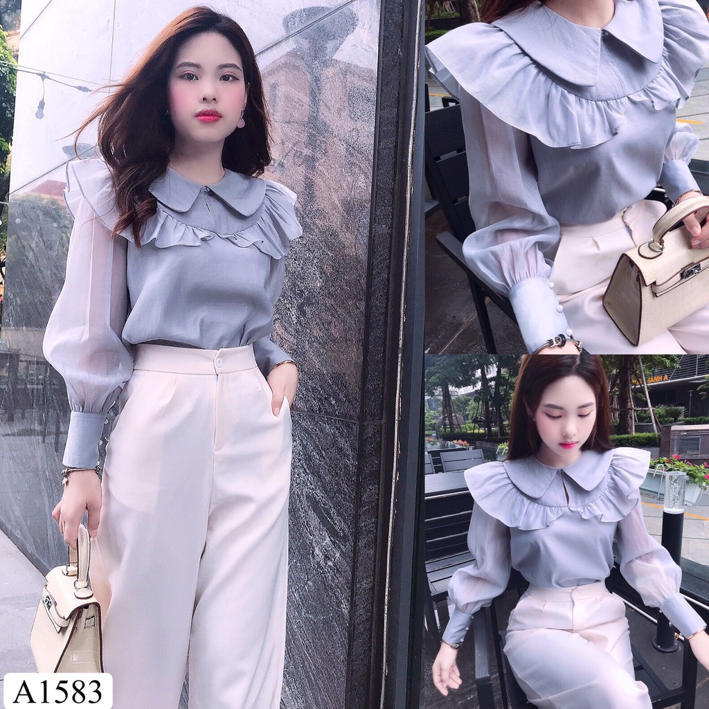 Áo xanh ghi bèo ngực A1583 - QUEEN SHOP DOLCE VIVA COLLECTION ( ảnh trải sàn do chính tay chị chủ tự chụp)