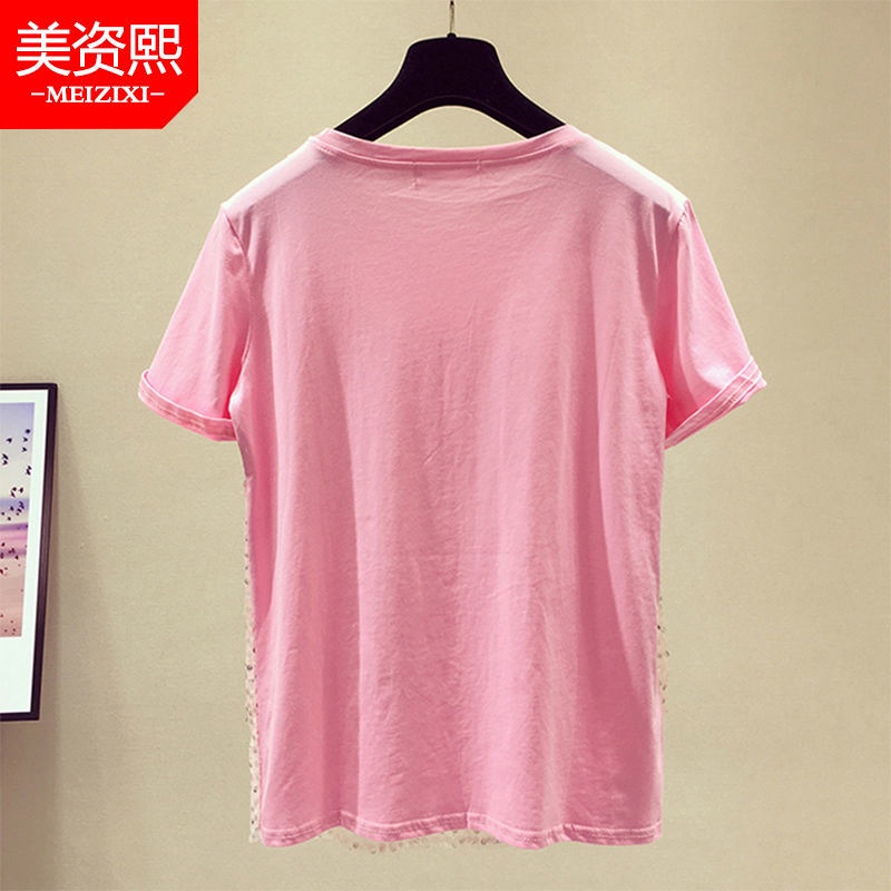 2022 spring and summer new large 200kg short sleeve T-shirt women's pure cotton Korean loose fake two-piece top bottomed shirt