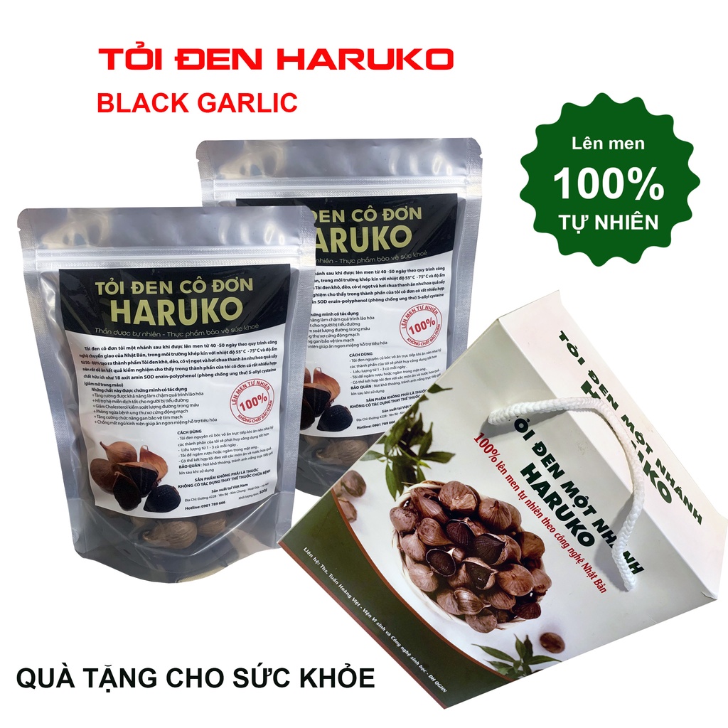 Tỏi đen một nhánh HARUKO, được 100% lên men tự nhiên 60 ngày từ tỏi cô đơn, túi 250 gam và 500 gam