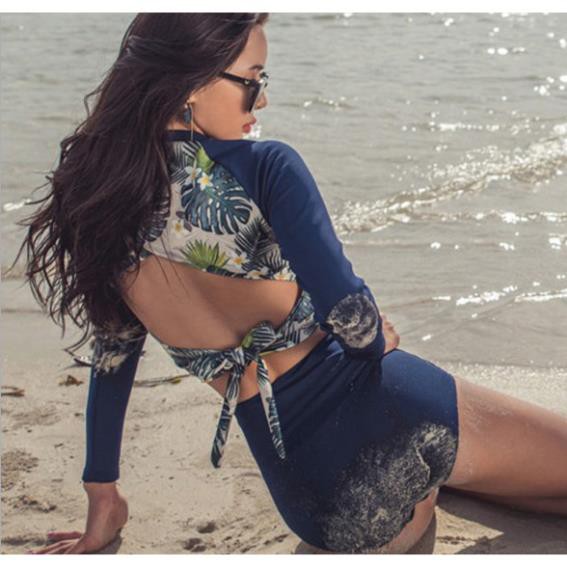 Bikini dài tay 2 mảnh 🍓QUEEN SHOP🍓 Đồ bơi nữ kín đáo Quảng Châu họa tiết lá BIK52 ་