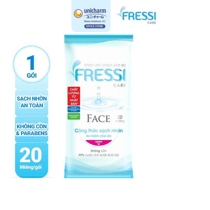 Khăn ướt chăm sóc da Fressi Care Face gói 20 miếng/gói, Khăn ướt lau mặt không mùi Unicharm Official Store