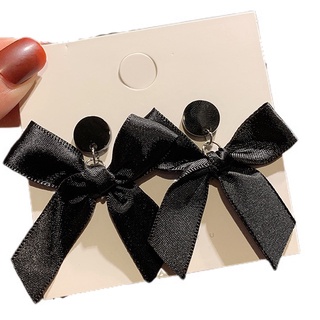 Khuyên tai nơ iFIT S925 bằng vải nỉ màu đen chống dị ứng phong cách thời trang Hàn Quốc