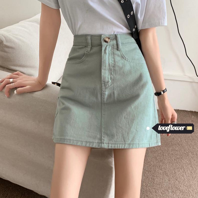 Chân váy jean lưng cao dáng chữ A thời trang mùa hè cho nữ