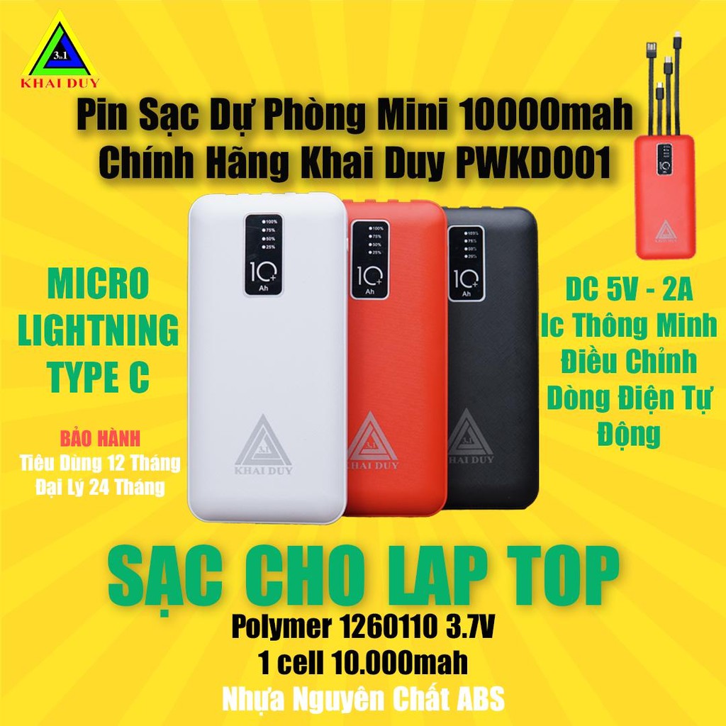 [Freeship] Sạc Dự Phòng 10.000mah Chính Hãng Khai Duy PWKD001 Hiện Đại Nhất- Pin Dự Phòng - Bảo Hành 12 Tháng 1 Đổi 1