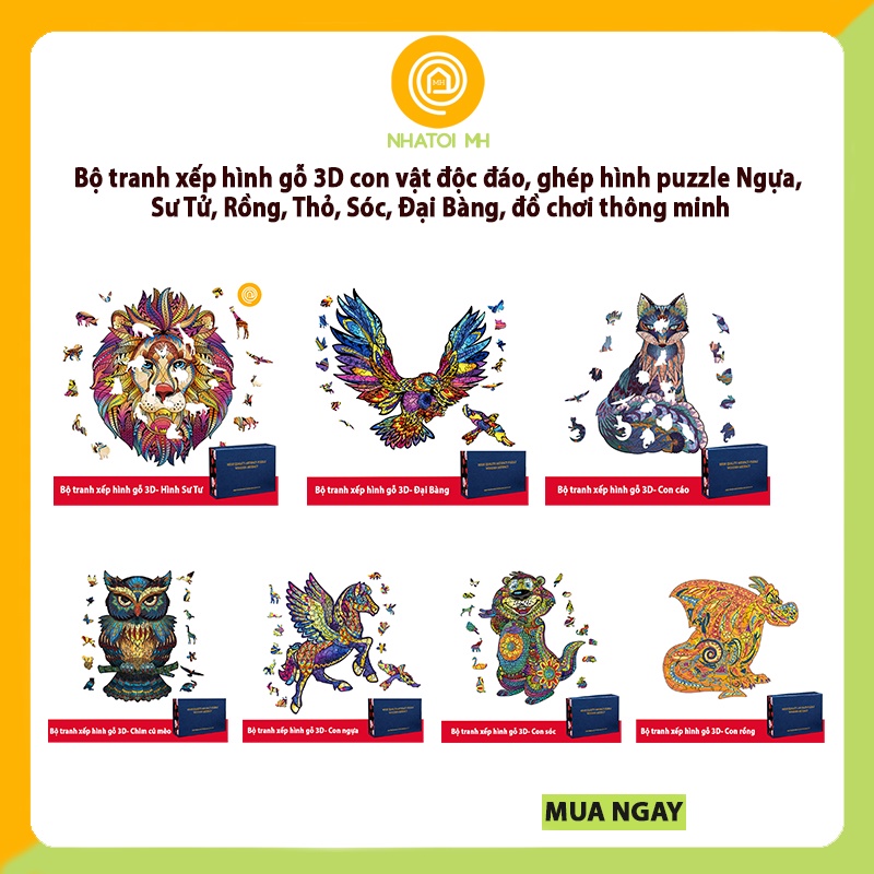 Bộ tranh xếp hình gỗ 3D con vật độc đáo, ghép hình puzzle Ngựa, Sư Tử, Rồng, Thỏ, Sóc, Đại Bàng, đồ chơi thông minh