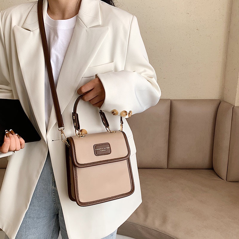 Túi đeo chéo nữ da trơn dáng hộp phong cách retro Alice Housee, túi đeo vai vintage dày bền