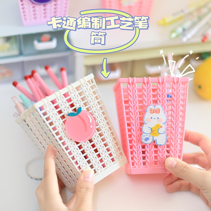 Ống cắm bút giỏ đan hình vuôngGIADUNGTONGKHO1cốc bút decor bàn học kèm sticker siêu dễ thương, ống đựng bút để bàn