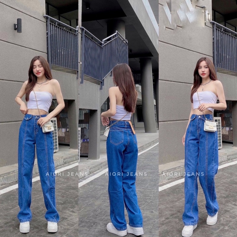 Quần Jeans Nữ Aiori Quần Bò Nữ Aiori Ống Rộng Cạp Cao Nắp Túi Kiểu Bò Suông Phong Cách Thời Trang Hàn Quốc_3412