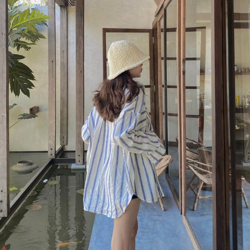 (Ảnh thật độc quyền) Áo sơ mi sọc phối chéo phong cách Ulzzang