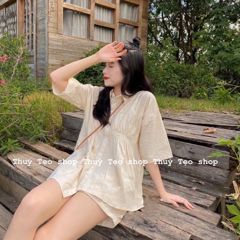 XẢ LỖ NGỪNG MÃ Áo sơ mi VẠT LỆCH cộc tay chất thô mềm - áo sơ mi nữ trơn cộc tay