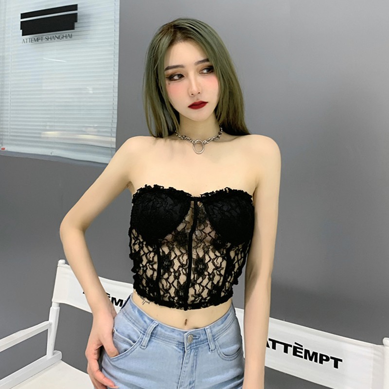 Áo croptop ống ren hoa dạng corset HAC119 - Hỉn Hỉn Store