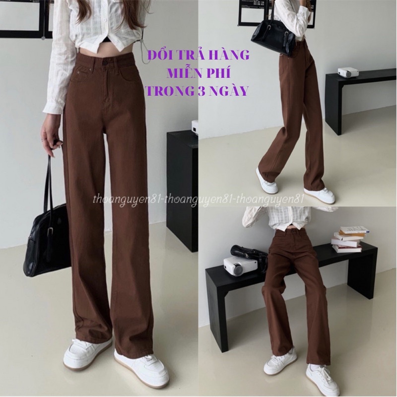 Quần ống rộng dáng suông nữ cạp cao, quần jeans kaki ống đứng trơn nâu hót 2022