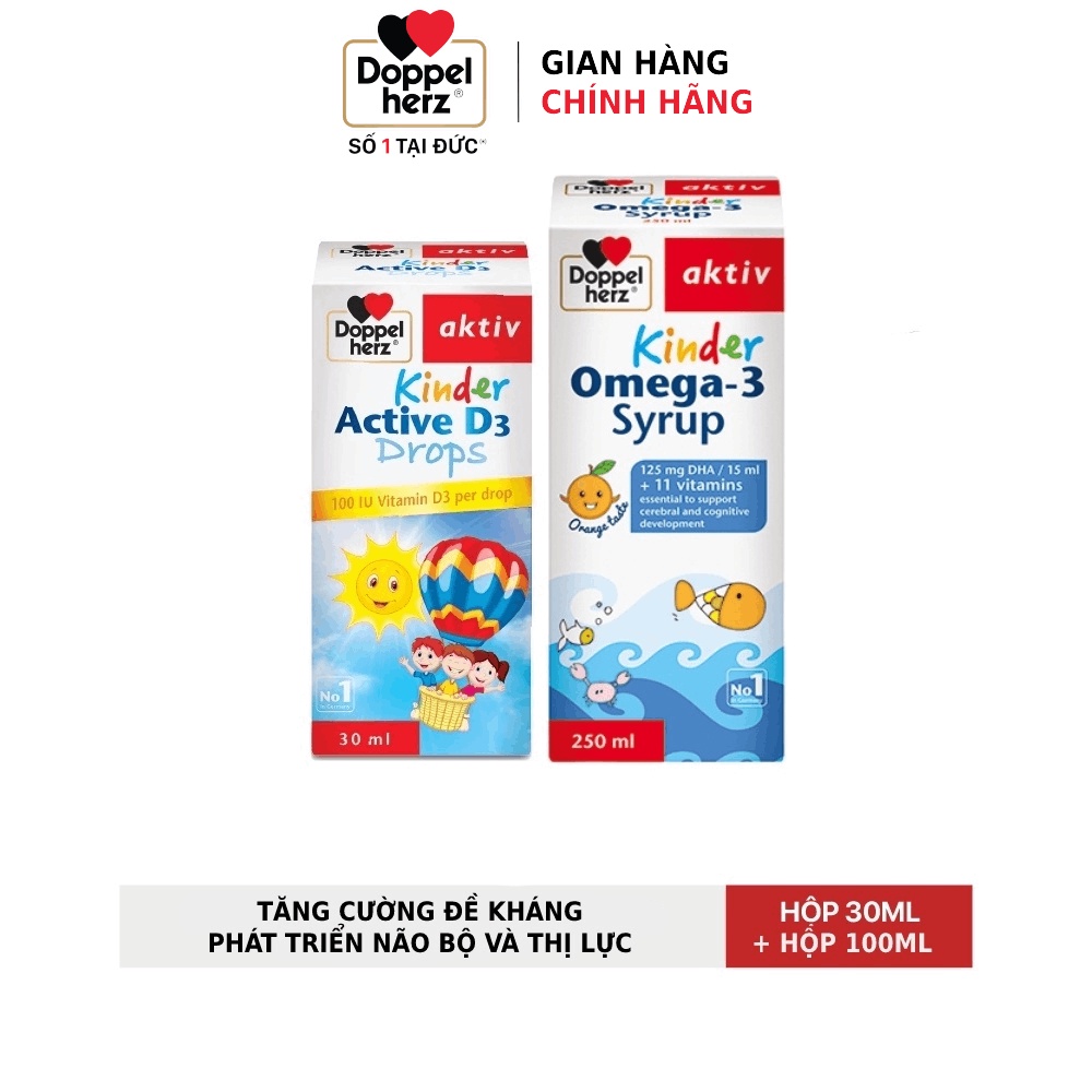 Bộ đôi bổ sung D3, tăng cường đề kháng, phát triển não bộ cho bé Doppelherz D3 Drops  + Omega 3 Syrups