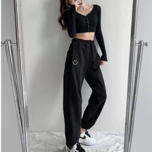 Quần Bom Ống Rộng - Quần Nỉ Bo Gấu Họa Tiết Mặt Cười Năng Động, Cá Tính