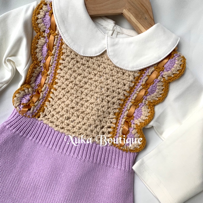 Yếm Len Bé Gái Màu tTím [Xuka Boutique] Bộ quần áo Len màu tím và áo thun cổ sen siêu xinh cho bé | Hàng QC Cao Cấp