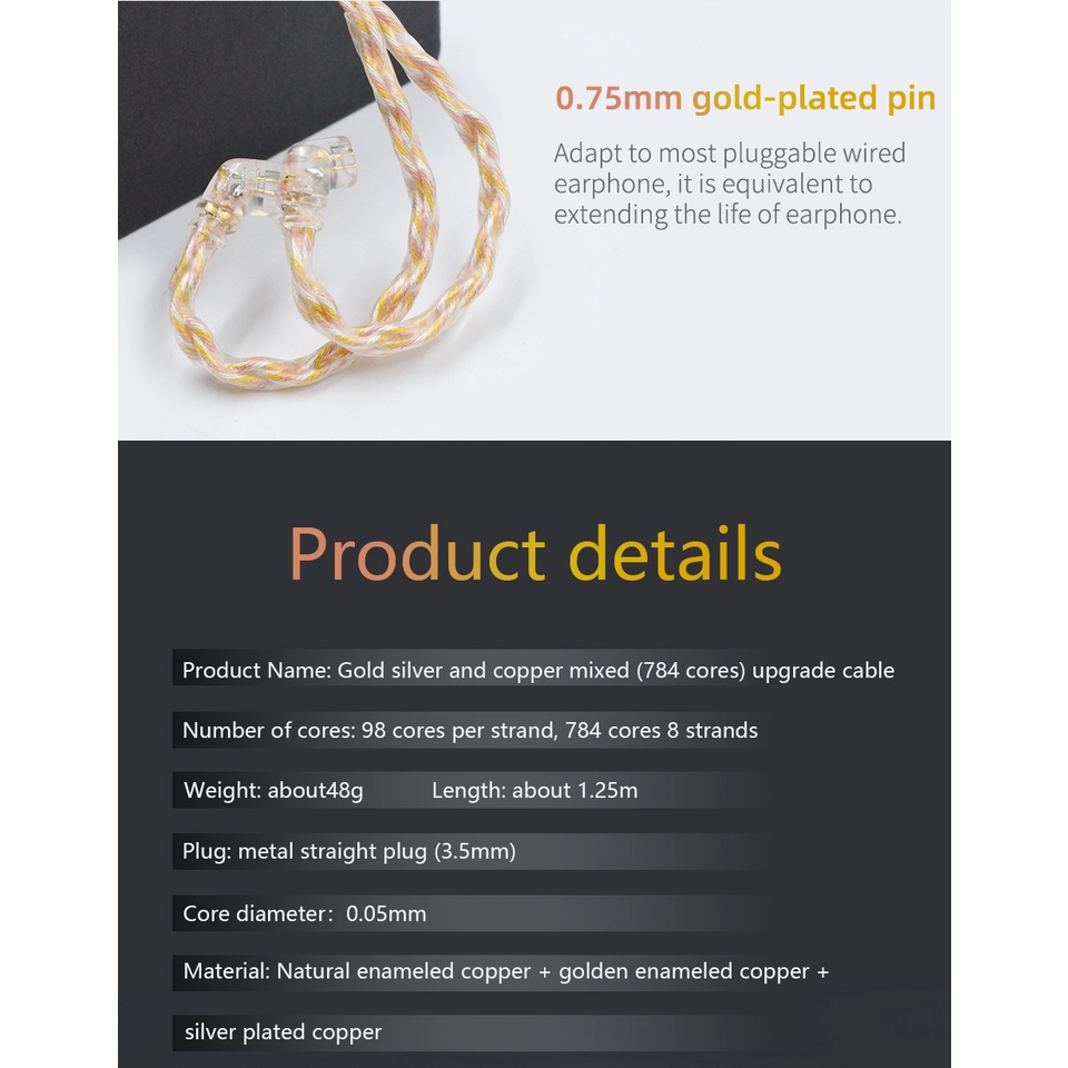 Dây cáp tai nghe KZ 8 lõi màu vàng bạc với chuôi cắm 3.5mm 2pin chuyên dụng cho KZ ZSN ZS10 PRO DQ6 CSN VX