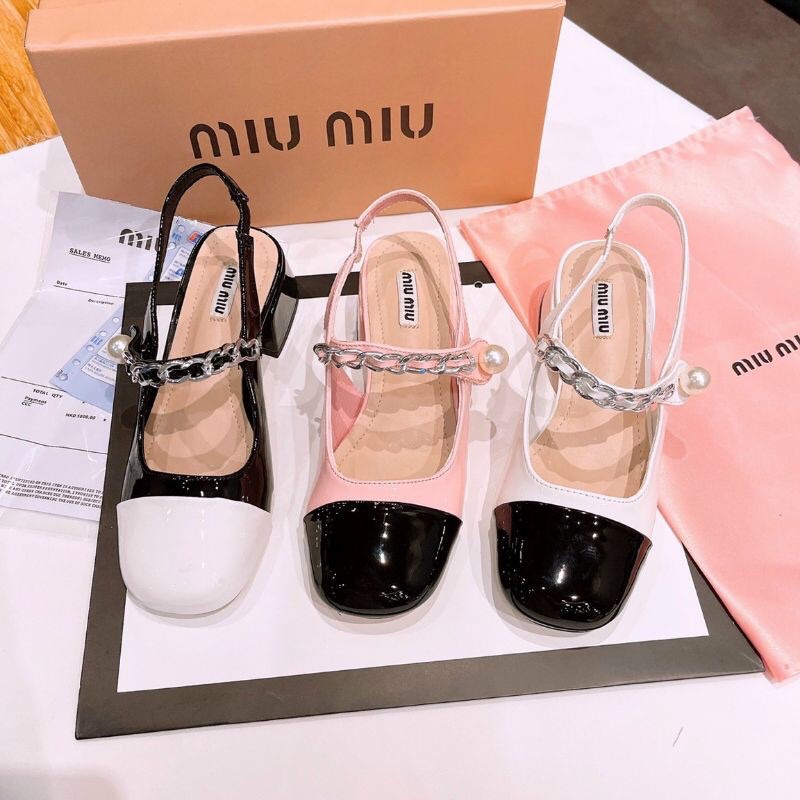 Giày tiểu thư quai xích ngọc Miu Miu, giày cao gót đế vuông cao 3cm siêu xinh, tôn dáng.