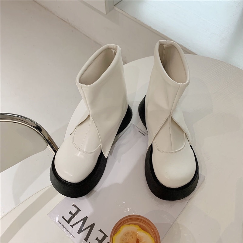 Giày bốt nữ cổ xoè không khoá cá tính đế cao 5cm Bốt nữ cao cổ phong cách Hàn Quốc