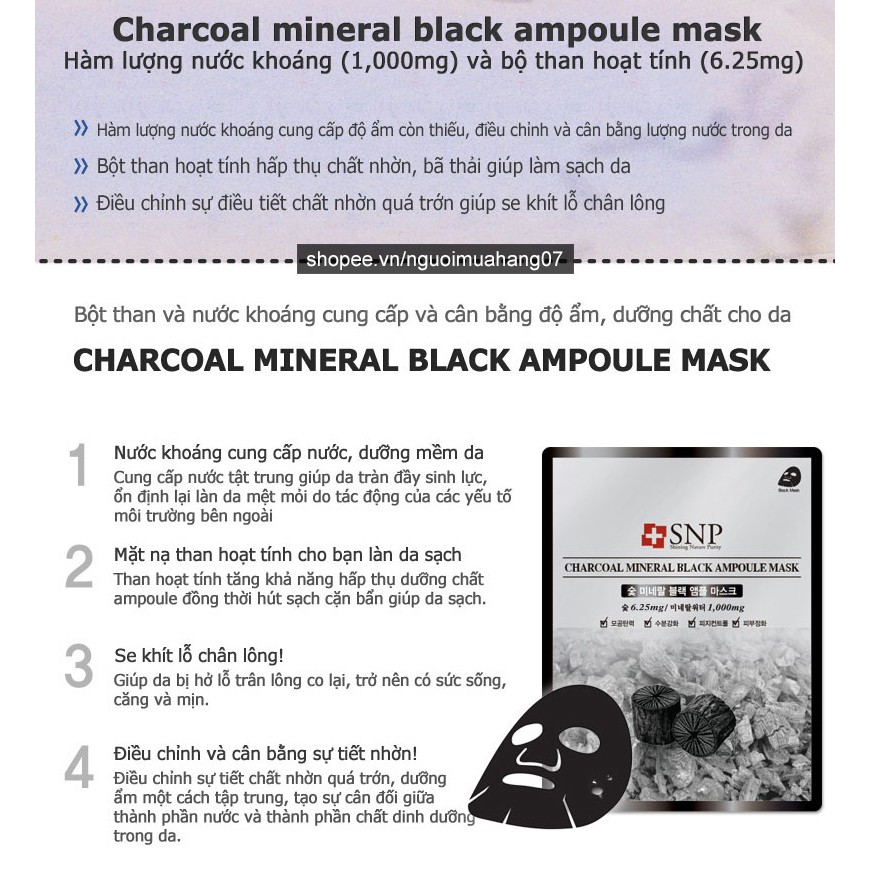 Mặt Nạ Than Hoạt Tính Se Khít Lỗ Chân Lông Cao Cấp SNP Charcoal Mineral Black Ampoule Mask