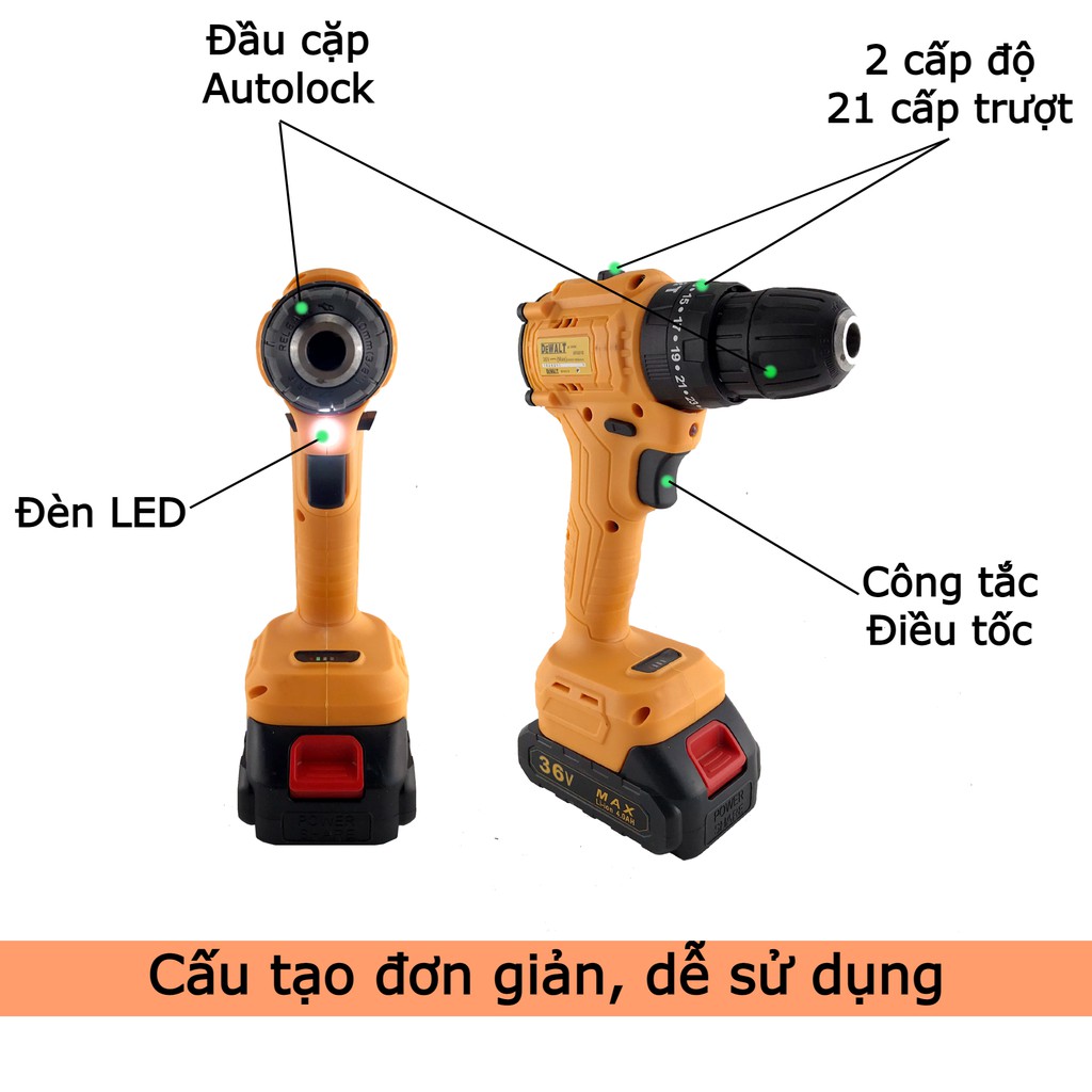 Máy khoan pin búa 3 chức năng Dewalt 36v không chổi than bộ 2 pin