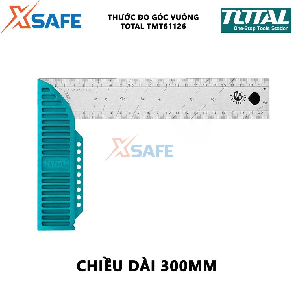 Thước đo góc vuông TOTAL TMT61126 Thước eke vuông dài 300mm/12 &quot;, chiều rộng lưỡi dao 40mm, độ dày lưỡi 1,5mm