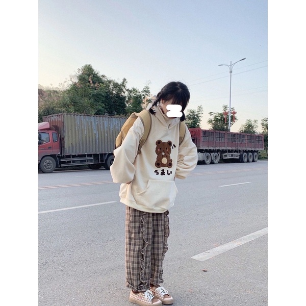 Áo Nỉ  Hoodie  Có Mũ Gấu Bông Nâu Siêu Xinh Phong Cách ulzzang nữ sinh Nhật Hàn