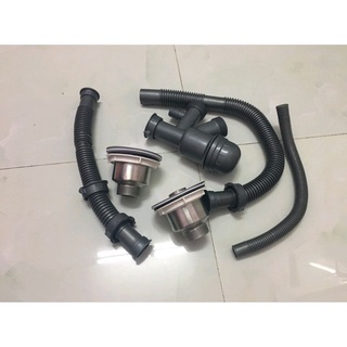 Bộ xả bồn rửa chén 1 hộc, xi phông chậu chén rửa bát 2 hố inox, chậu đôi chậu rửa chén bát đá 110mm bầu inox 304