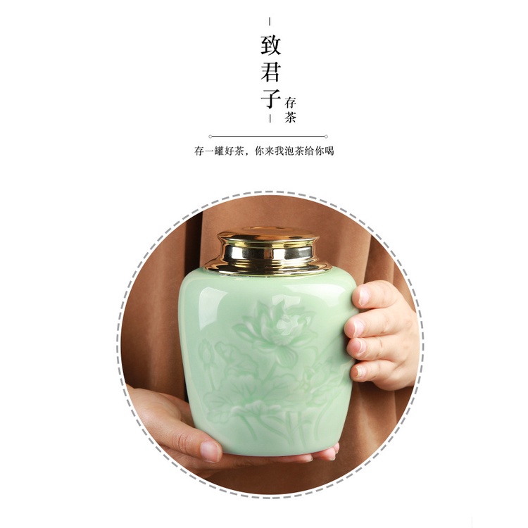 Hũ, Bình đựng trà bằng sứ men ngọc cao cấp với họa tiết hoa sen khắc chìm