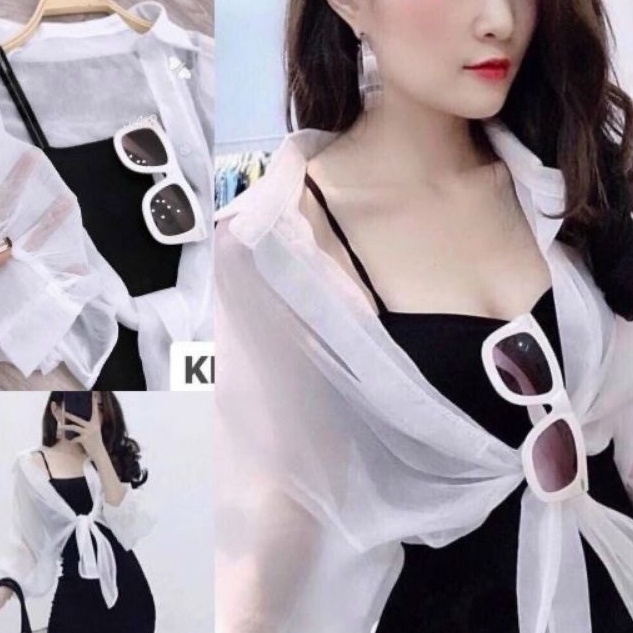 Sét đầm body và áo sơ mi phôm rộng phong cách.