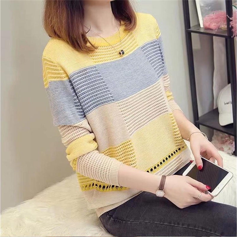 IELGY Áo Thun Tay Dài Họa Tiết Kẻ Sọc Thời Trang Hàn Quốc Dễ Phối Đồ Cho Nữ