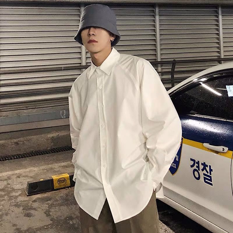 Áo Sơ Mi Tay Dài Dáng Rộng Màu Trơn Thời Trang Hàn Quốc Cho Nam
