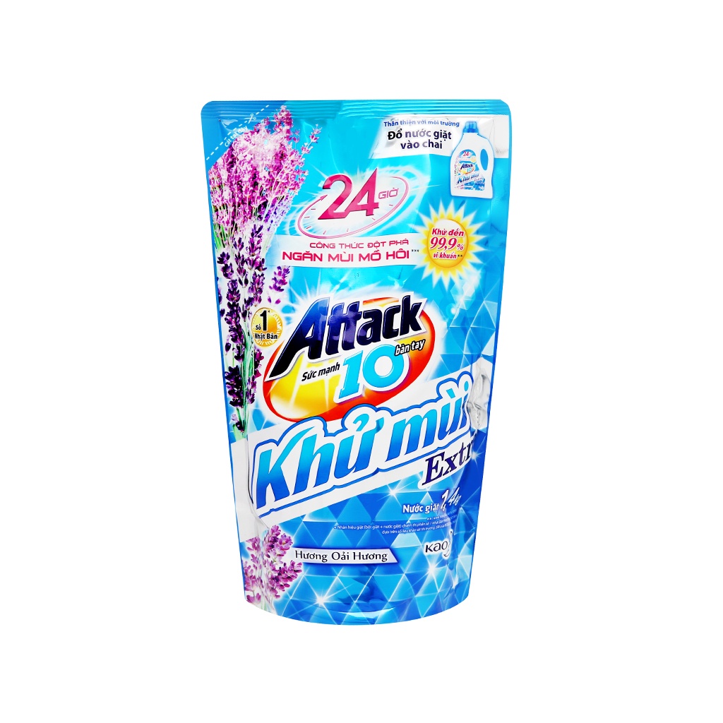 Nước giặt Attack Extra khử mùi hương hoa anh đào/ oải hương túi 1.4 lít