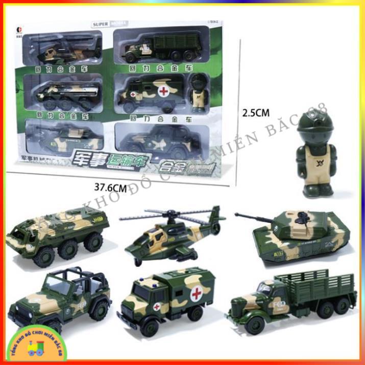Đồ chơi Hộp 6 xe quân sự đồ chơi chạy đà cho bé gồm xe tăng máy bay, xe bọc thép, xe chỉ huy, xe cứu thương, xe tải TKMB