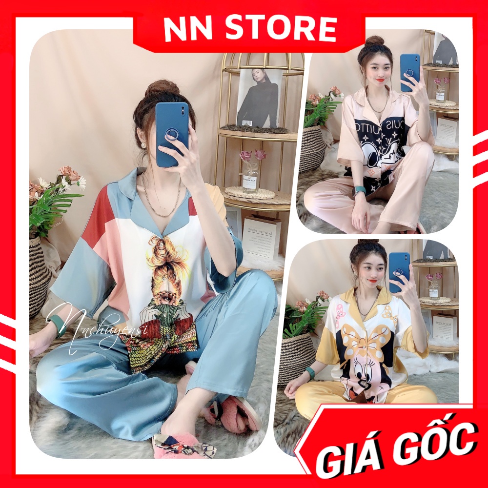Đồ bộ nữ mặc nhà tay cánh dơi phom to chất satin cao cấp siêu mềm mát in họa tiết hoa gấu hoạt hình dễ thương TP105