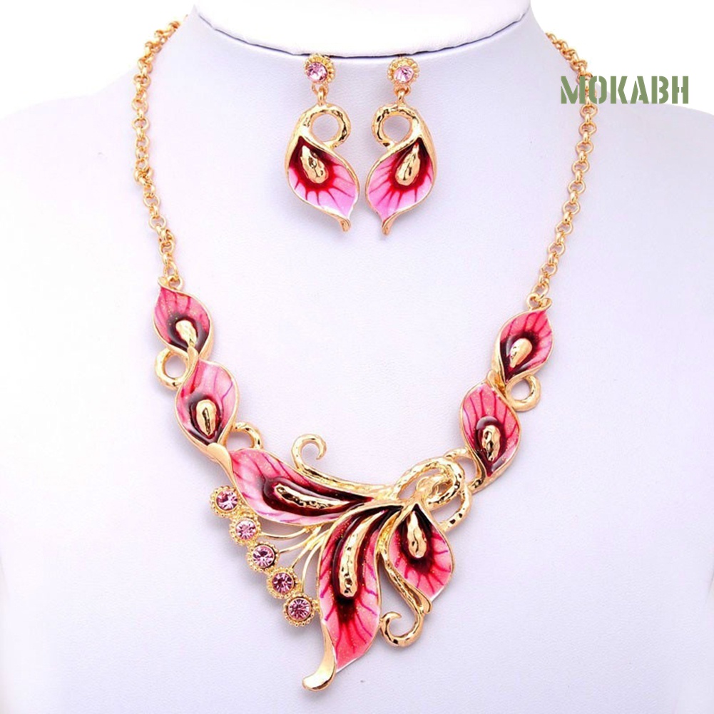 Bộ Vòng cổ + Bông Tai Hình Hoa Có Đính Đá Cho Nữ