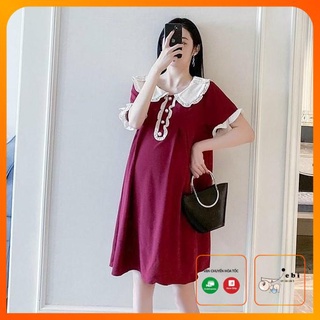 Đầm suông bầu - váy bầu mùa hè cổ trắng phối bèo nhún cổ tay ngực 2 màu đỏ đen BN46 - Jebi