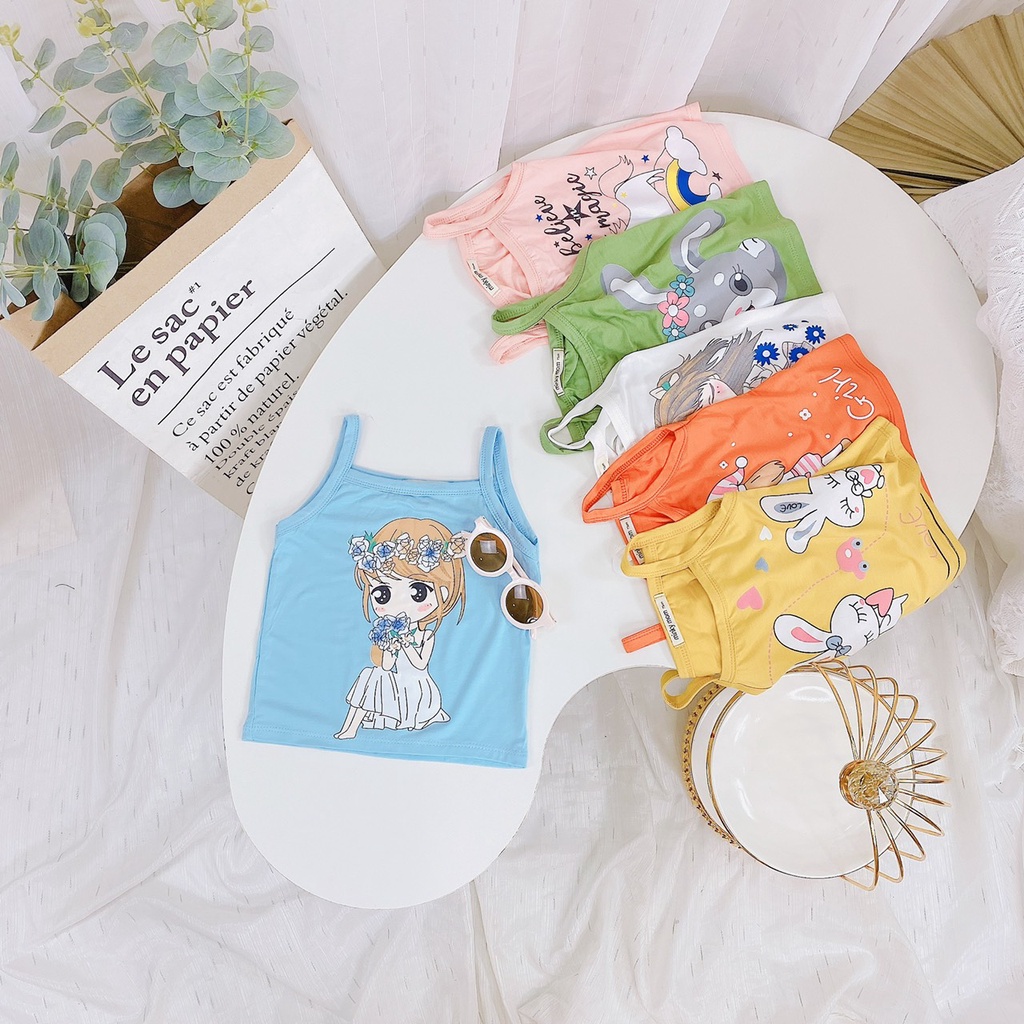 Áo 2 dây cho bé gái chất thun lạnh in họa tiết mặc mát ngày hè