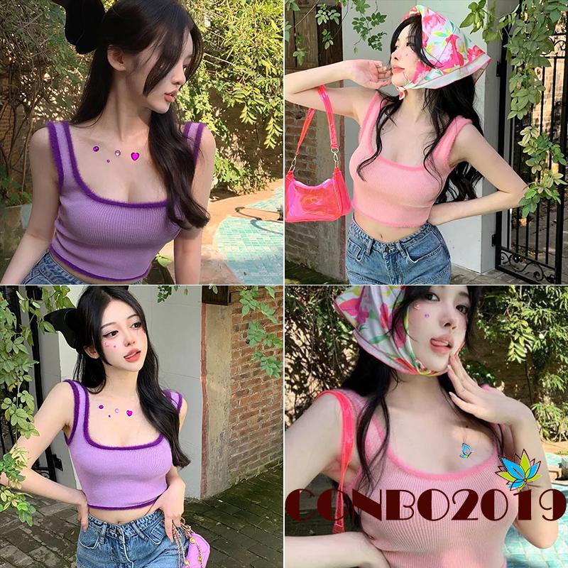 HGM-Women Summer Tank Tops, Plush Hem Decor Ribbed Bottoming Sleeveless Elastic U-neck Camisole