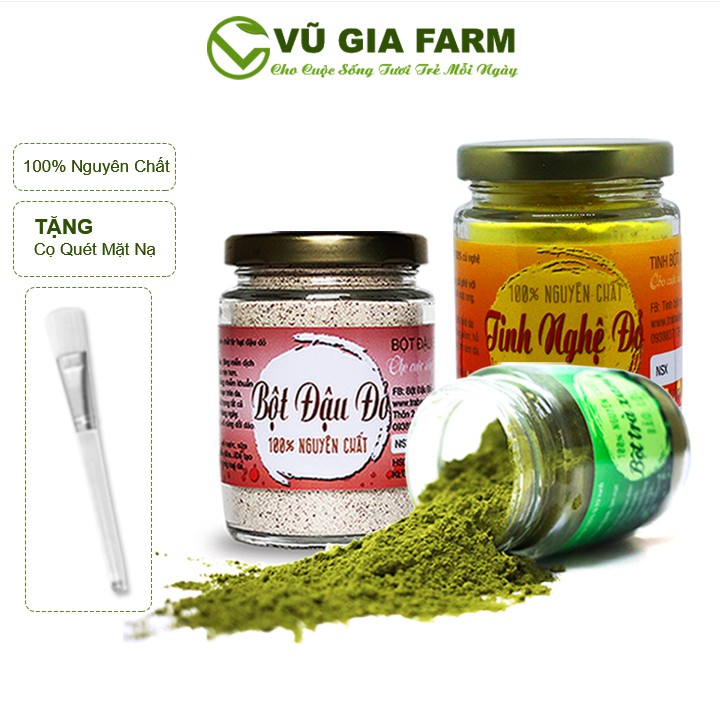 Combo Bột Trà Xanh + Bột Đậu Đỏ + Tinh Nghệ Đỏ - Nguyên Chất Vũ Gia (100g/hũ) + Tặng Cọ Quét