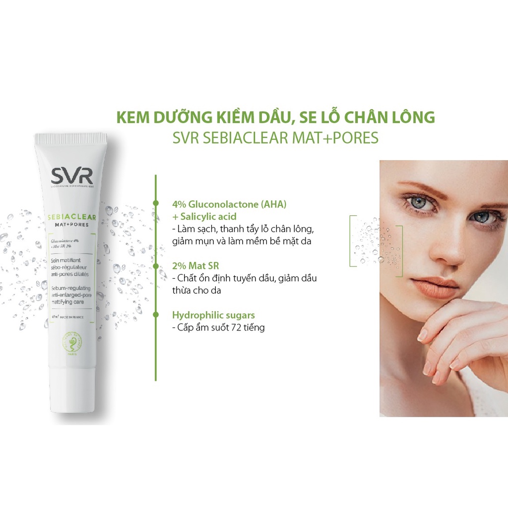 Kem dưỡng da kiềm dầu S.V.R Sebia.clear Mat + Pores 40ml (Bill Pháp Nội Địa)