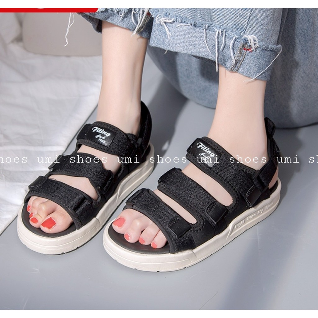 [LOẠI 1 - SẴN Giày Sandal Hàn Quốc ulzzang nữ 3 quai ngang vải mềm đế bằng cao đơn giản màu đen/kem thời trang hot