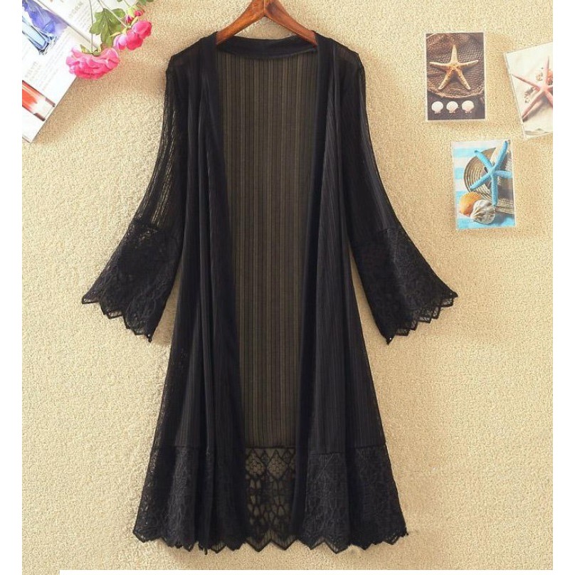 [TRỢ PHÍ SHIP ĐƠN 50K] Áo khoác kimono voan 04 C170 phối ren mềm mại, tà dài, tay lửng, choàng ngoài, thoáng mát