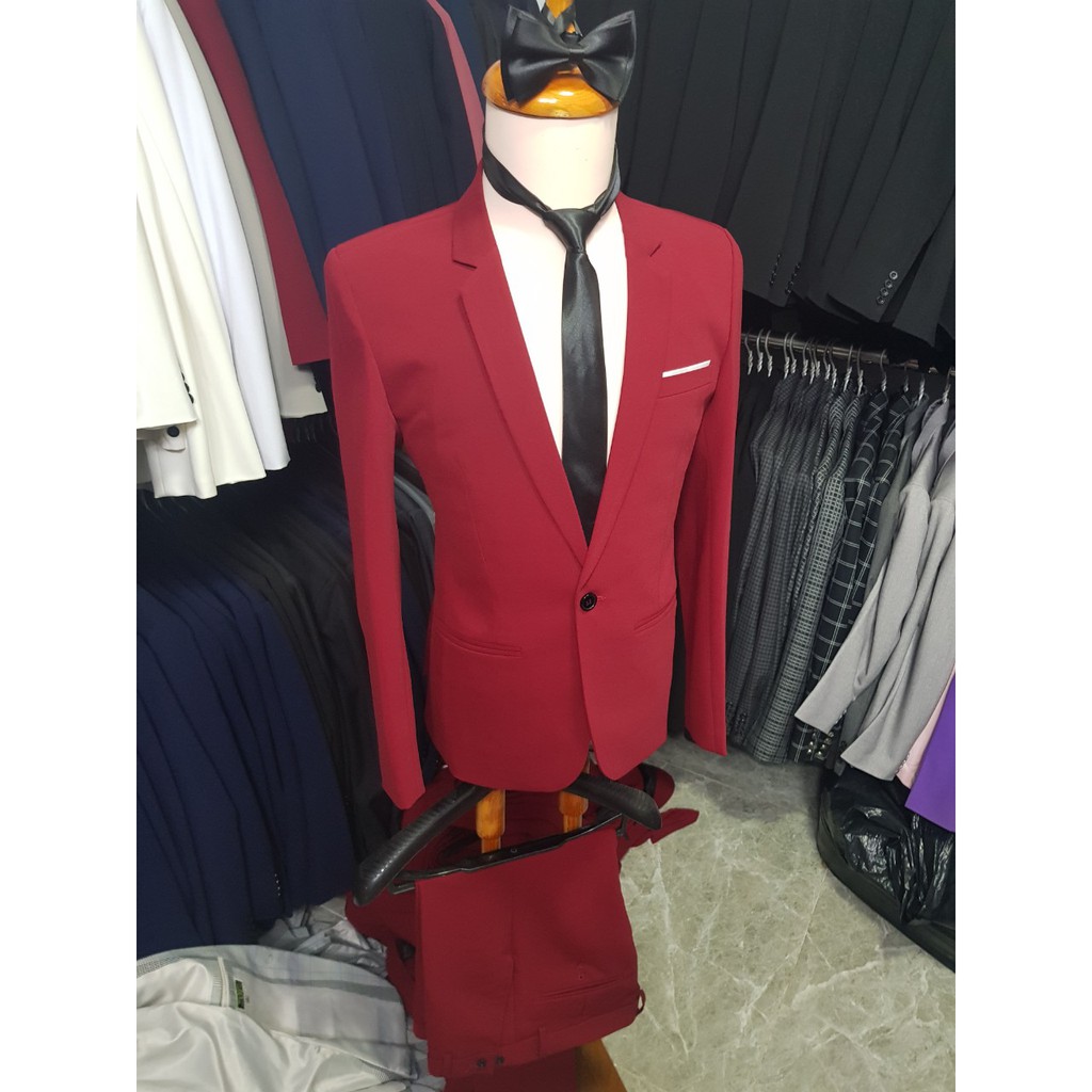 Bộ vest nam màu đỏ đô form ôm dáng chuẩn (áo+quần+cà vạt+nơ)