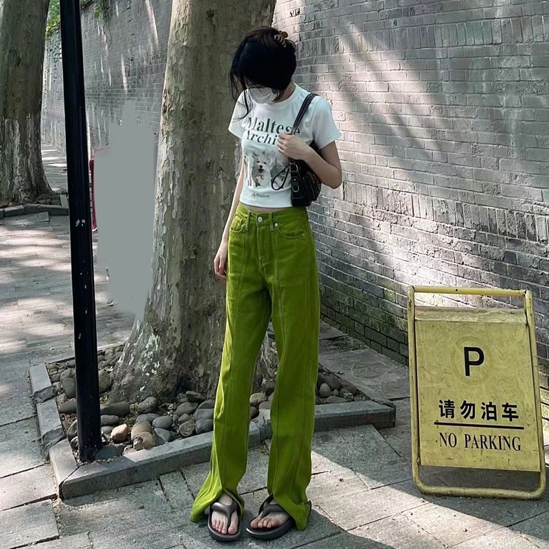 Quần Jean Dài Ống Đứng Xẻ Tà Màu Xanh Bơ Phong Cách Mỹ Thời Trang Mùa Hè Cho Nữ