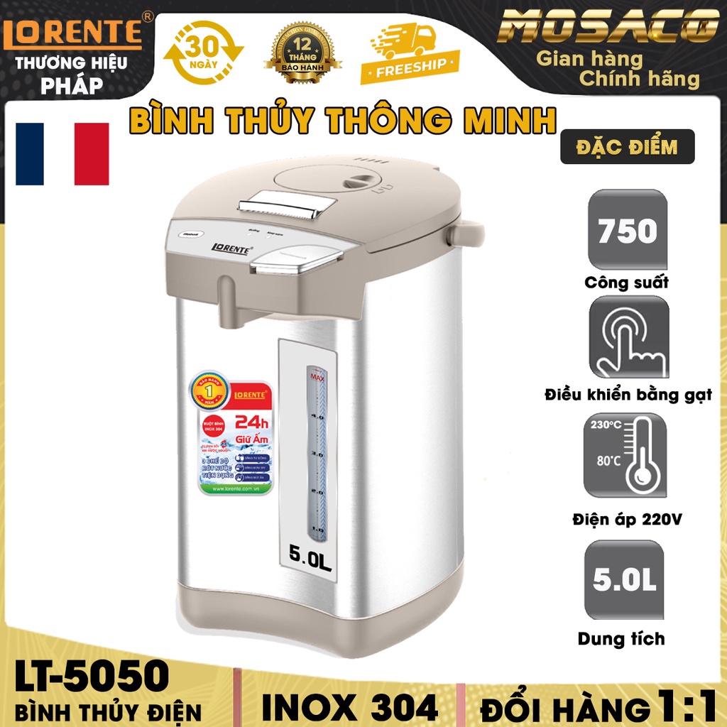 Bình Thủy Điện Lorente LT-5050 750W Phích điện 5L ruột bình bằng inox 304 tự động đun sôi, tiện lợi nhỏ gọn - MOSACO