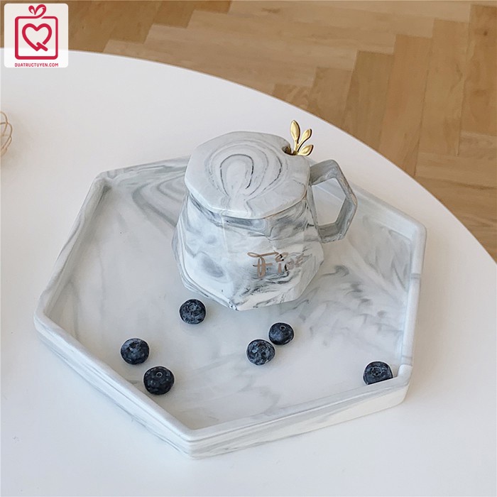 Bộ quà tặng 20/10 cốc sứ uống trà cà phê kim cương vân đá kèm thìa, hộp quà sang trọng