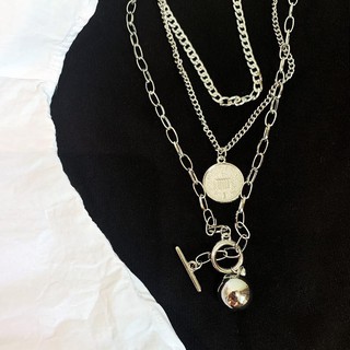 Dây chuyền Sợi xích 3 tầng đính mặt đồng xu vòng cổ unisex